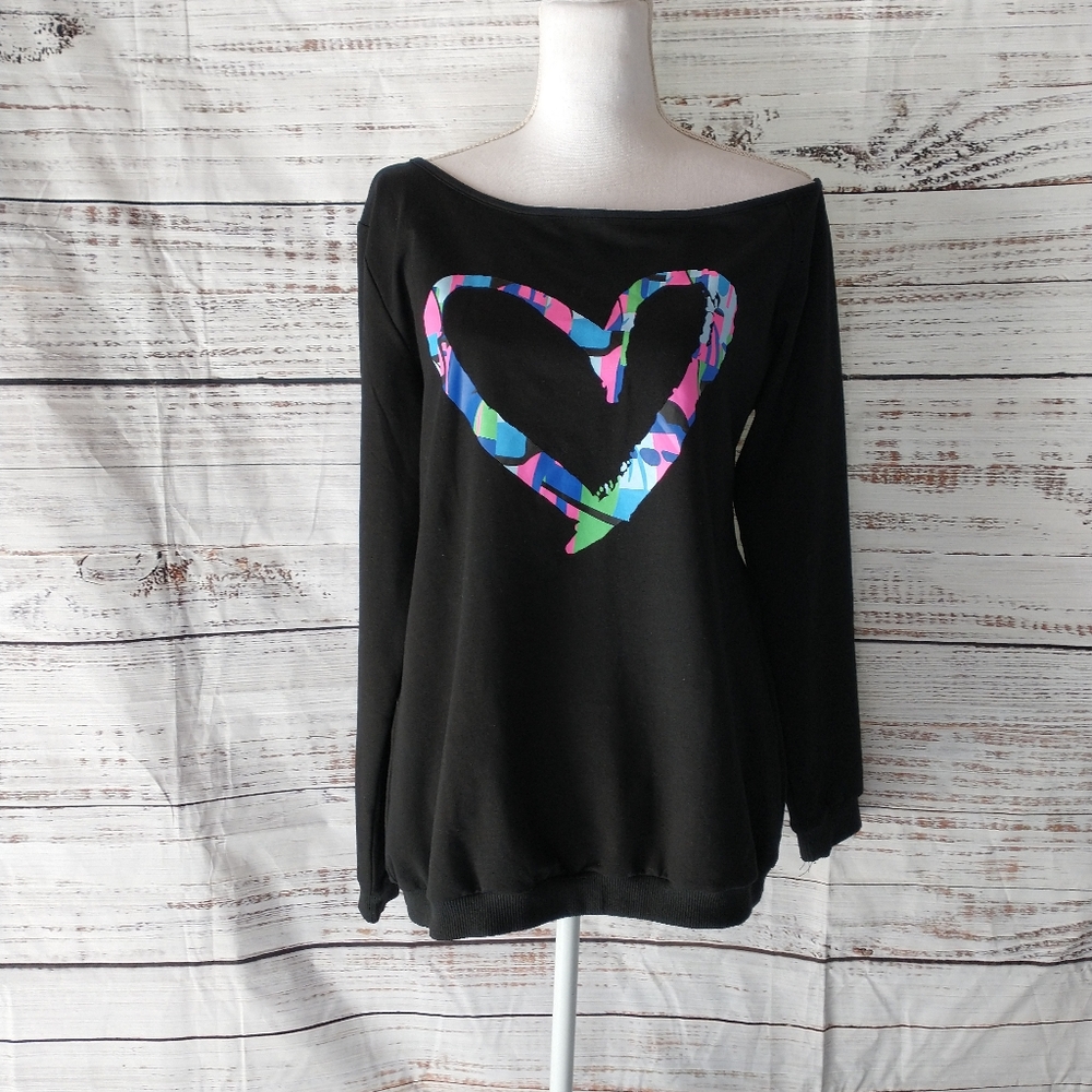 Woman’s Sweatershirt - Heart Print - Off The Shoulder - Long Sleeve - Pullover